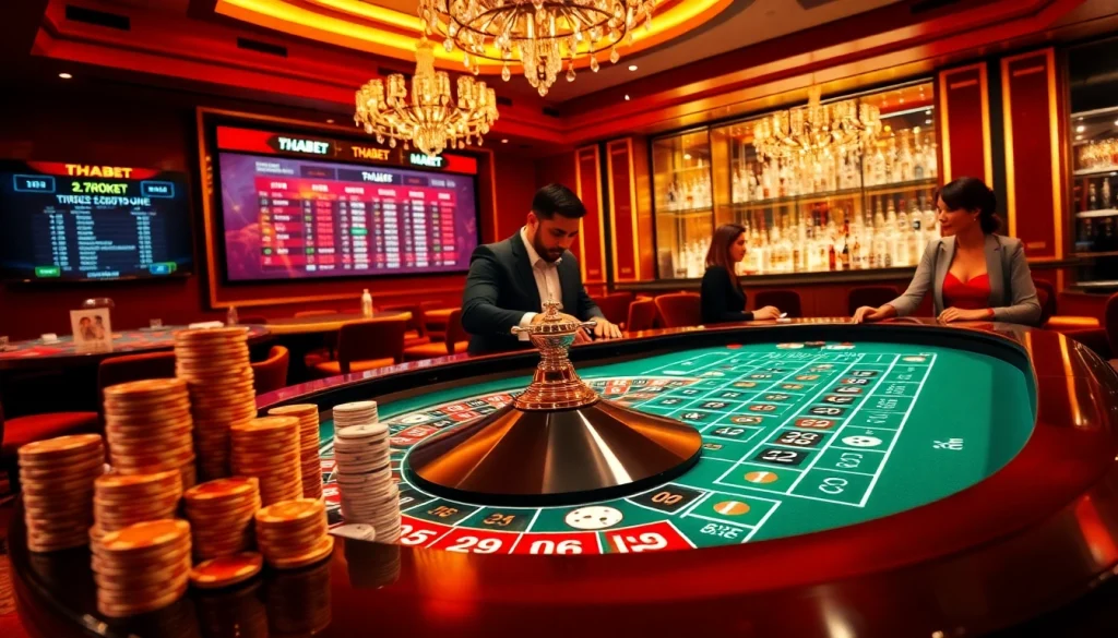 Players enjoy high-stakes games at the THABET casino, featuring vibrant roulette and poker tables.