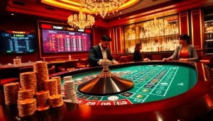 Players enjoy high-stakes games at the THABET casino, featuring vibrant roulette and poker tables.