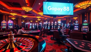 Exciting casino gaming scene with roulette and Gopay88 branding, capturing the thrill of online gambling.