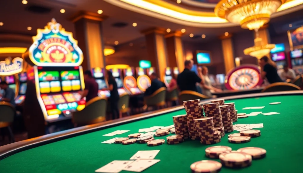 Vua99 caisno gaming experience with vibrant poker tables and slot machines.