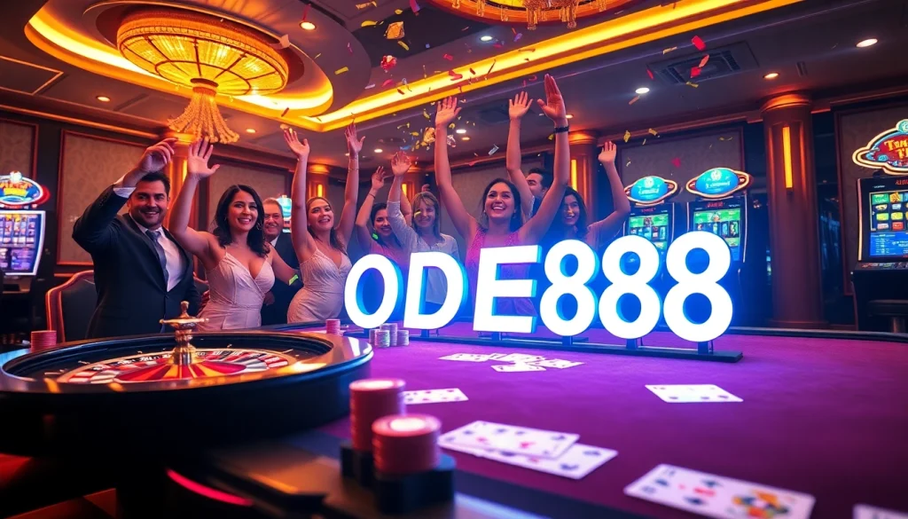 Exciting LODE88 online casino scene showcasing poker chips, roulette wheel, and players celebrating a win.