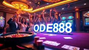 Exciting LODE88 online casino scene showcasing poker chips, roulette wheel, and players celebrating a win.