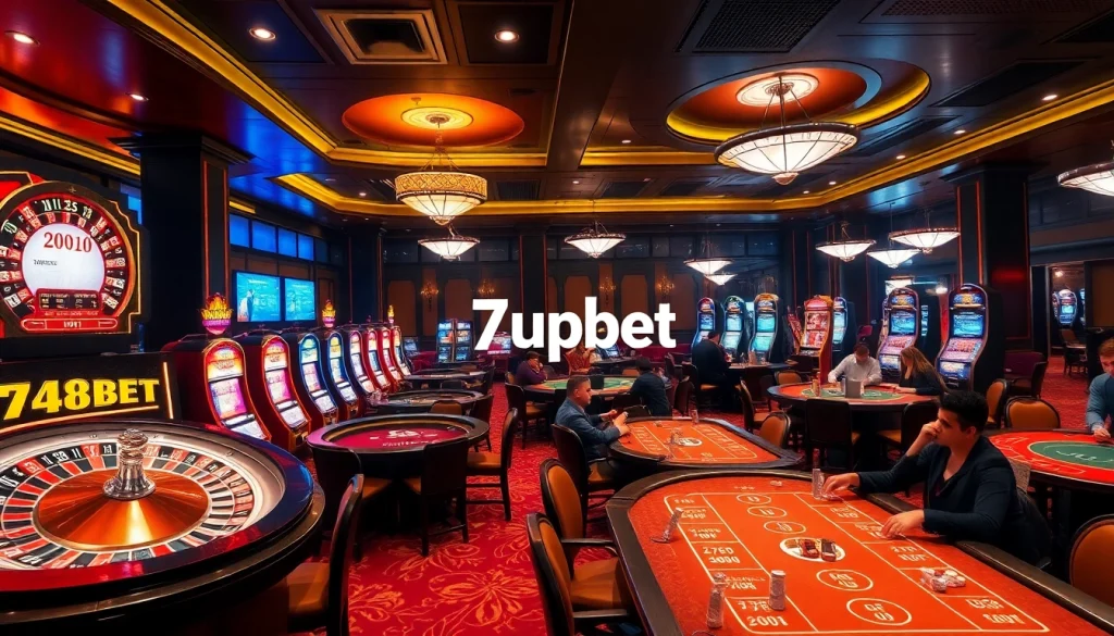 Players enjoying thrilling casino games at 7upbet, featuring poker tables and slot machines.