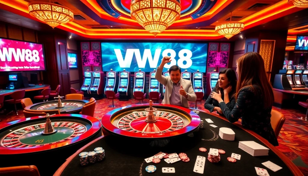 ww88 players celebrating a jackpot win at a luxurious casino table surrounded by vibrant gaming elements