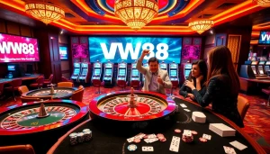 ww88 players celebrating a jackpot win at a luxurious casino table surrounded by vibrant gaming elements