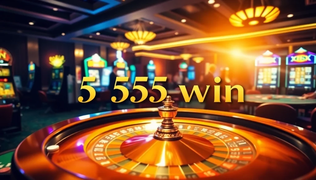 Experience the thrill of winning at 555 win with a vibrant casino scene featuring tables, cards, and chips.