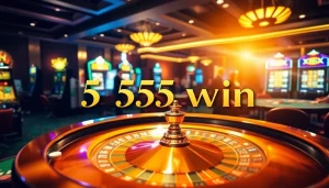 Experience the thrill of winning at 555 win with a vibrant casino scene featuring tables, cards, and chips.
