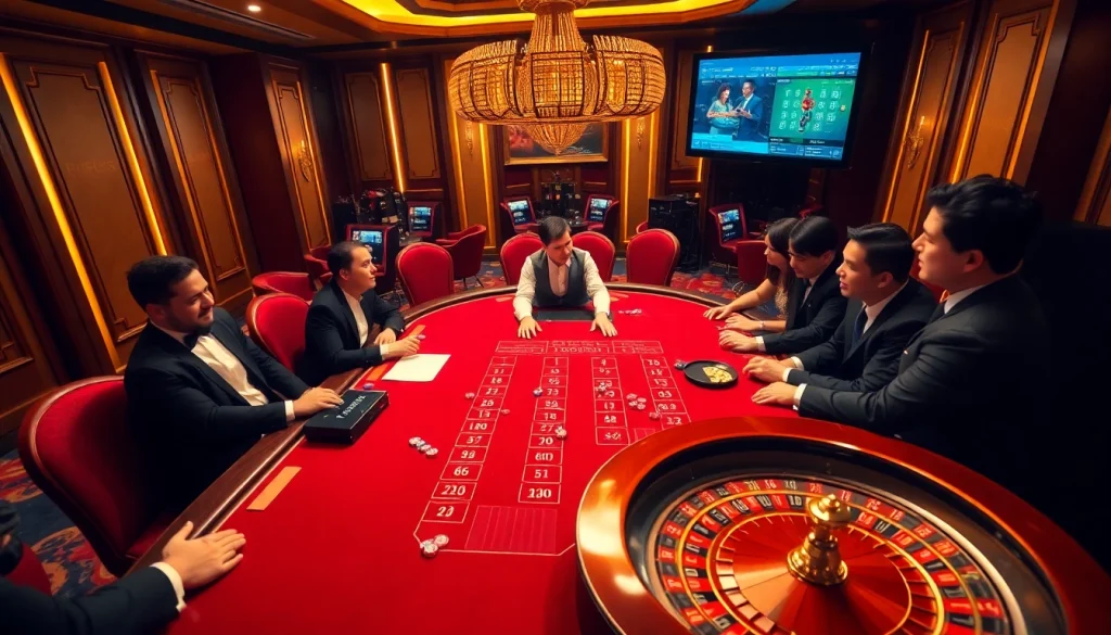 BJ38 players enjoying intense betting at a luxurious casino blackjack table.