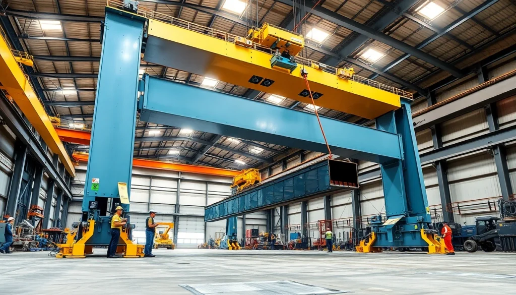 Double girder bridge crane lifting a steel beam in an industrial warehouse.