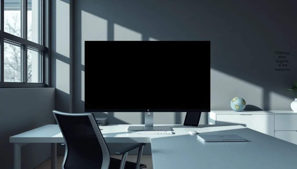 Full black screen image displayed on a modern monitor in a bright workspace.