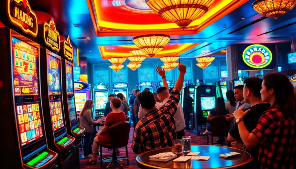 Engage with the thrilling mahjong slot demo as players compete for wins in a lively casino atmosphere.