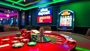 Situs Deposit 5k ditampilkan di atas meja kasino yang cerah dengan chip poker dan roda roulette