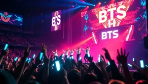 BTS news features members performing at a live concert with vibrant lights and an excited audience.