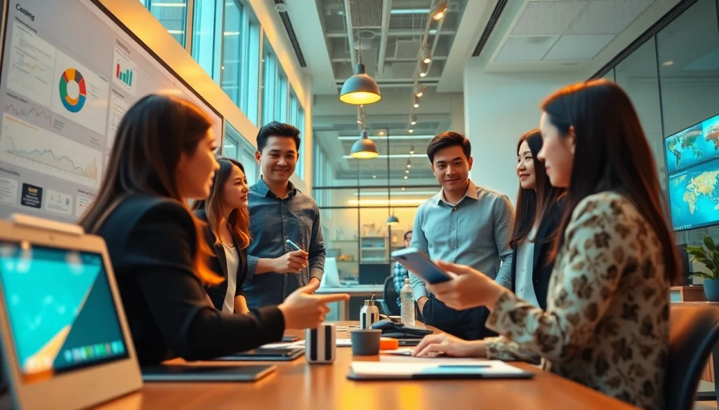 Vibrant office scene showcasing collaboration at https://kjc365.com/, highlighting innovation in Vietnam's entertainment industry.