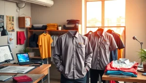 Spauda ant darbo rūbų parodyta pritaikytų darbo rūbų profesionalioje darbo erdvėje.