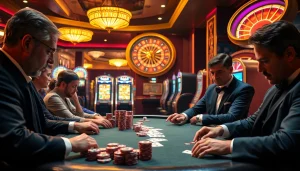 Người chơi tập trung chiến lược tại bàn poker, có yếu tố cg 79, khi các máy đánh bạc đầy màu sắc chiếu sáng casino.