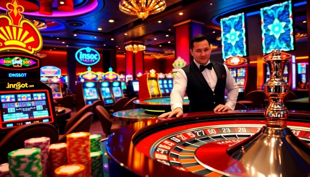 Experience the thrill of idnslot gaming with vibrant online casino visuals showcasing slot machines and poker chips.
