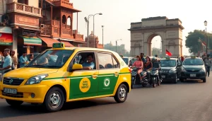 Delhi Taxi Service showcasing a sanitized vehicle with happy passengers near India Gate in New Delhi.
