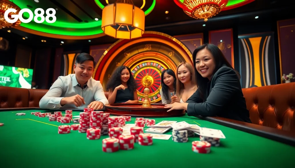Experience the thrill of GO88 at a luxurious casino table featuring poker chips and exciting gameplay.