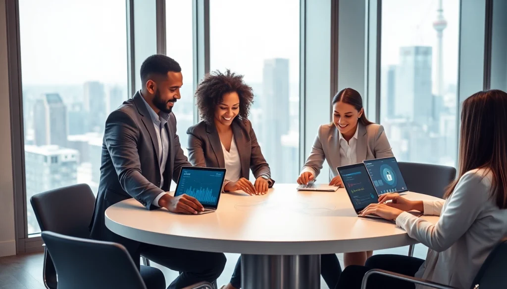 在现代办公室共同协作使用 WPS 技术的专业人员。