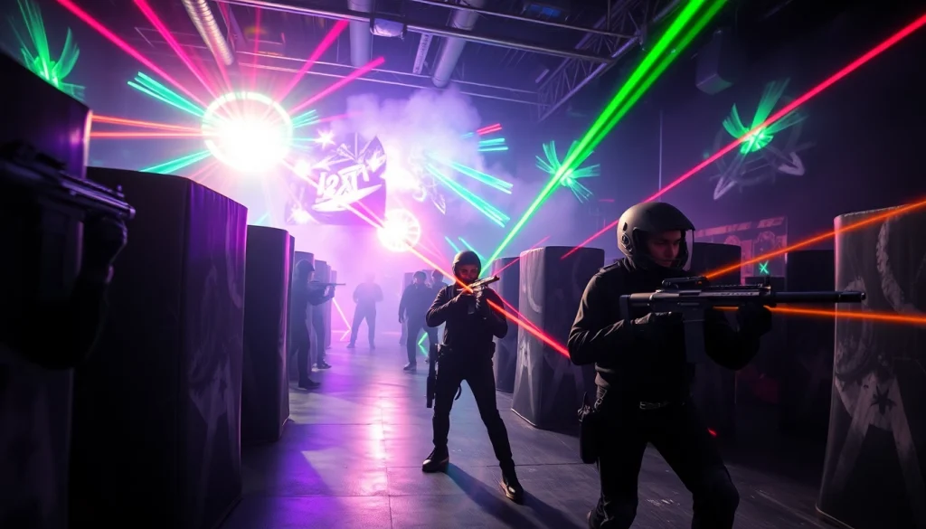 Players actively engaged in a thrilling laser tag battle with vibrant beams and futuristic gear.