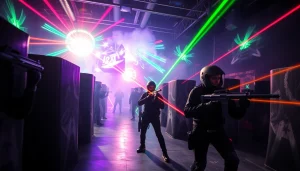 Players actively engaged in a thrilling laser tag battle with vibrant beams and futuristic gear.