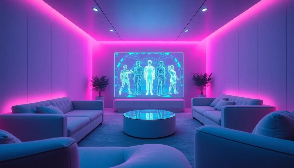 Engaging modern room for immersive ai sex experiences with advanced holographic interactions.
