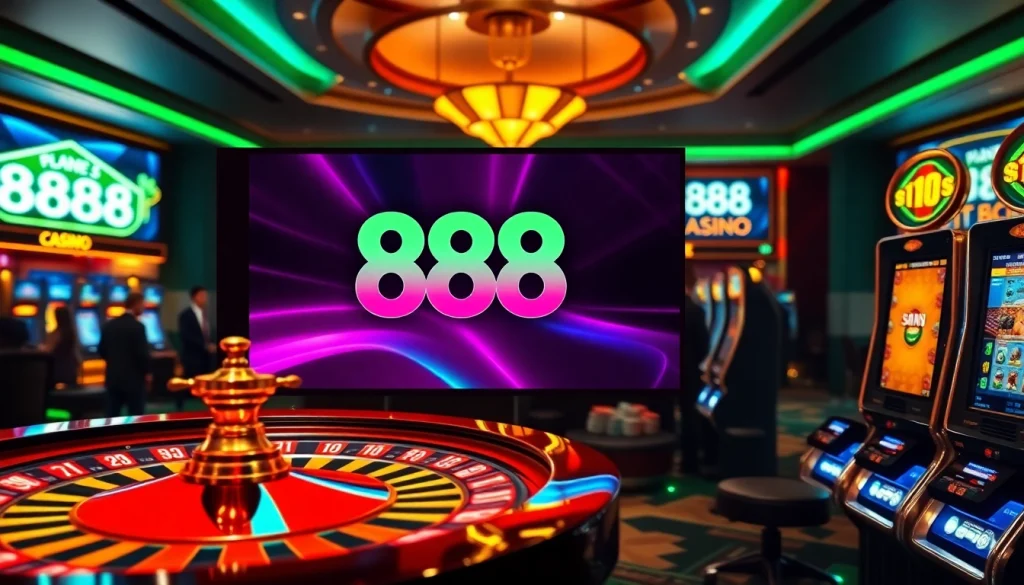 Experience thrilling gameplay at u 888 casino with vibrant slot machines and an inviting roulette wheel.