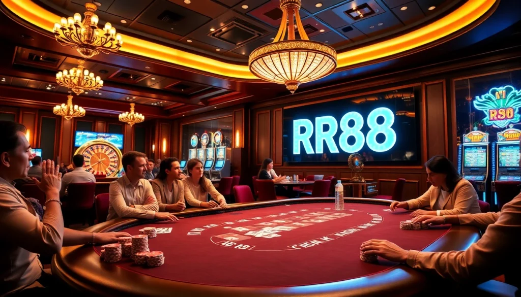 Excited players at a poker table in a luxurious casino featuring RR88 elements, showcasing vibrant chips and cards.