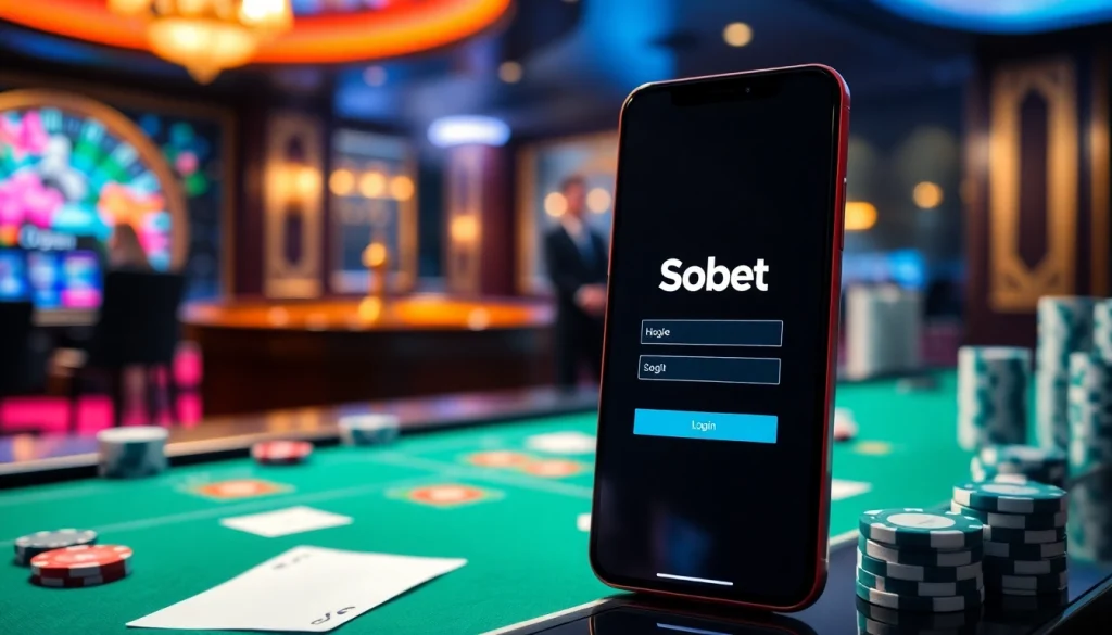 Sbobet login interface displayed on a smartphone amidst a vibrant online casino setting.