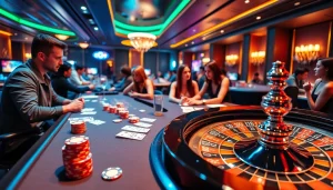 Người chơi tận hưởng một casino cg79 đầy sức sống với các chip poker và bàn roulette.