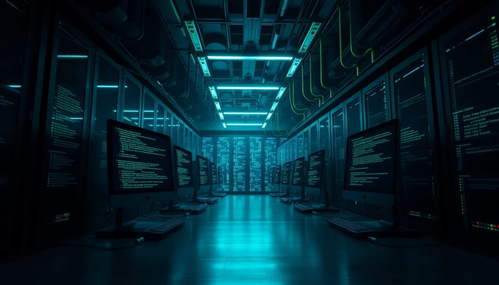 Exploring the hidden wiki onion: An underground server room illuminated by soft ambient lights, showcasing complex code.